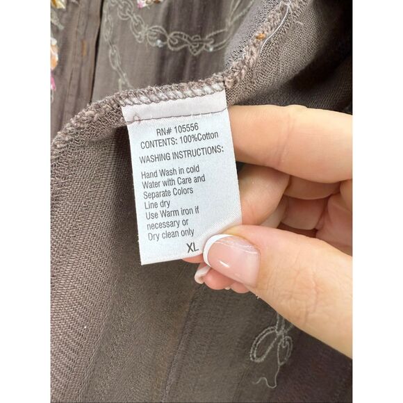 The Pyramid Collection Womens Brown Embroidered Floral Button Down Shirt Top XL - Picture 5 of 11